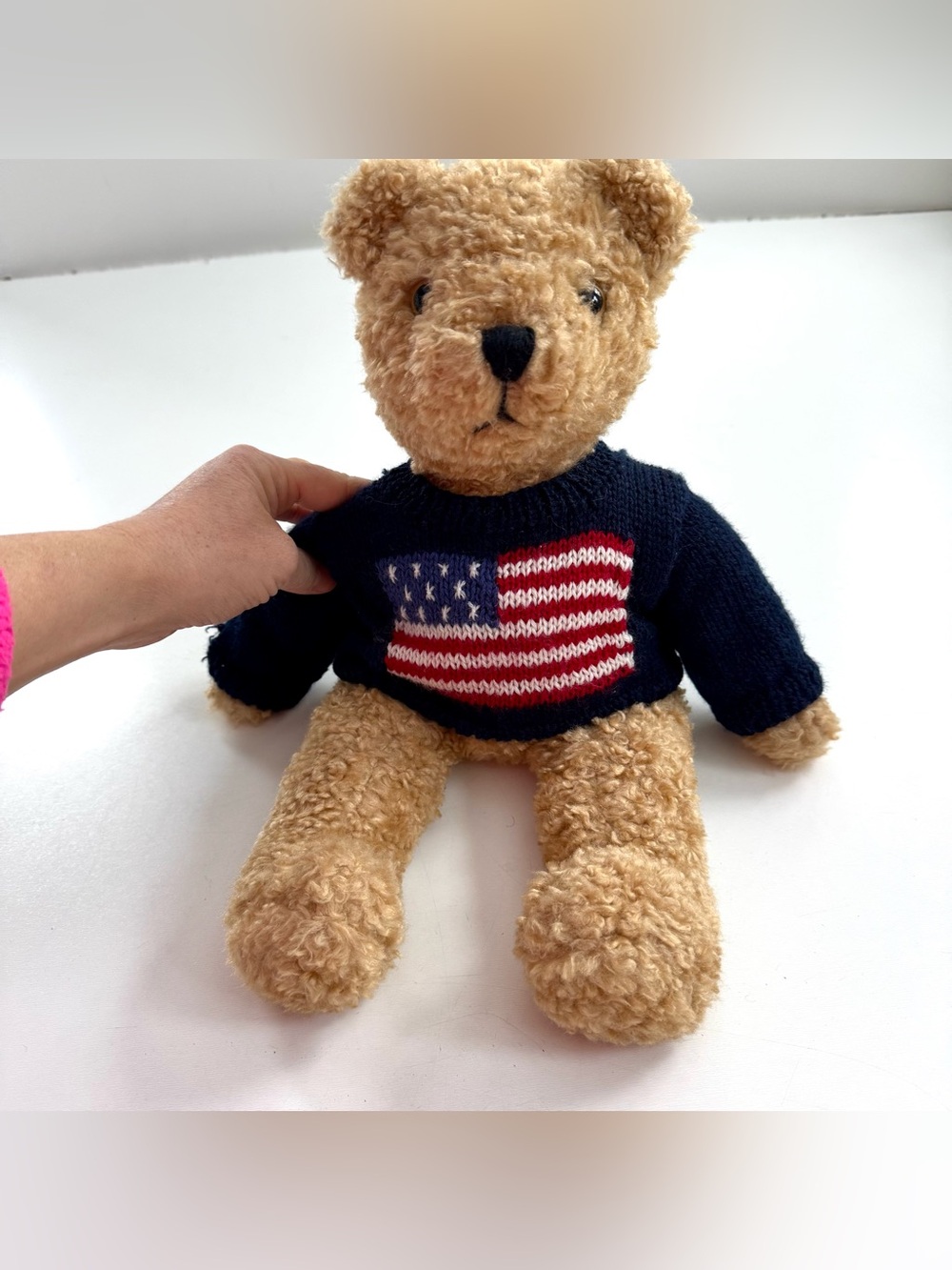 TY  17" Plush Curly Stuffed Animal Bear with American USA Flag Sweater 1990